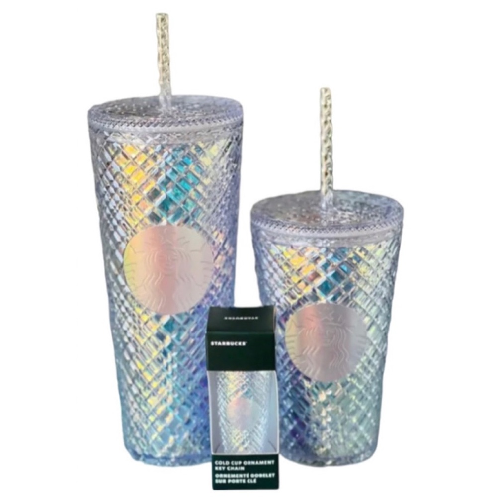 NEW Starbucks Iridescent Unicorn Bling Jeweled Set Venti, Grande & Keychain